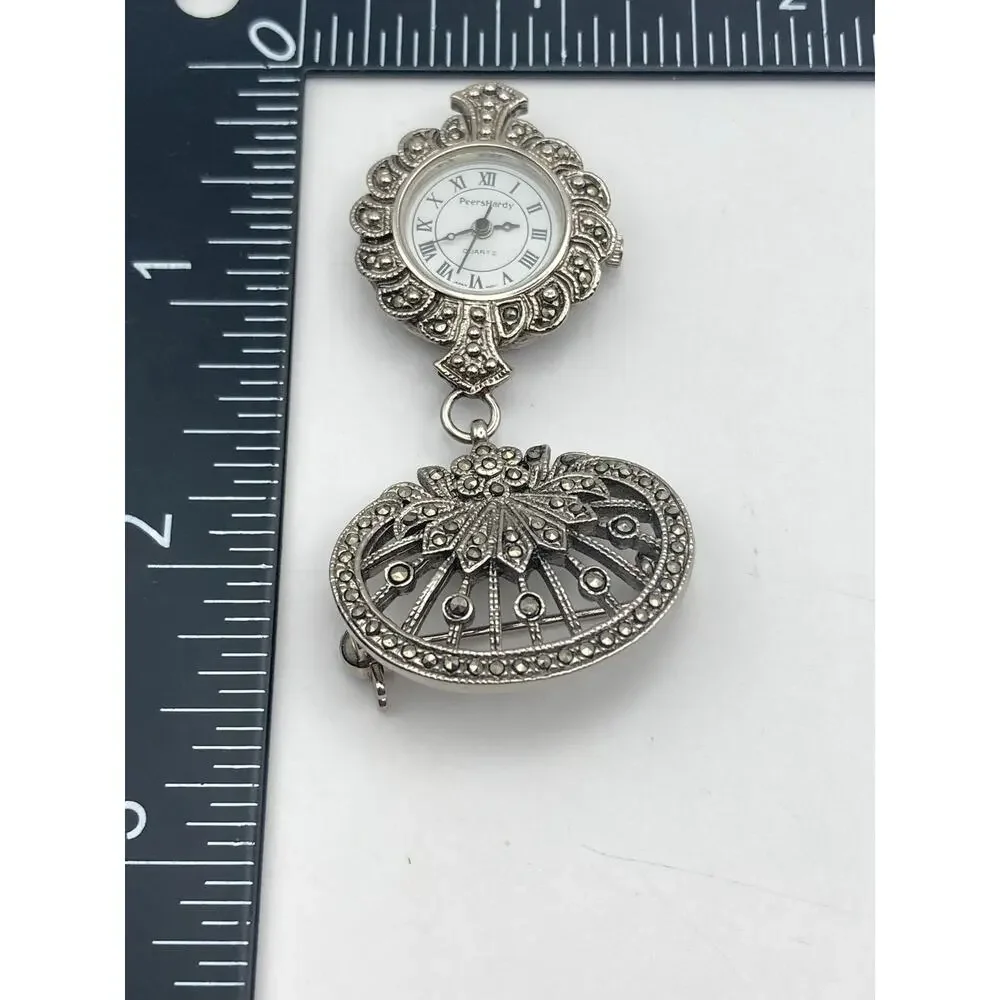 Women's Art Deco Brooch Watch Peers Hardy - New Battery - Marcasite Like Stones